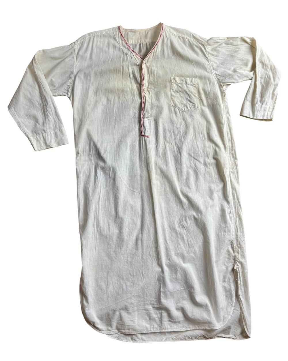 Antique Edwardian White Cotton Nightgown Red Chevron Ribbon Trim Pocket Patched